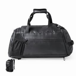 A black duffel bag with dual handles and a shoulder strap, featuring multiple zippered compartments.