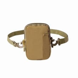 A tan utility pouch with a zipper and belt attachment, featuring a smooth front and side pocket.