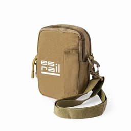A tan zippered pouch with a shoulder strap and a logo, featuring a front pocket and a secure closure.