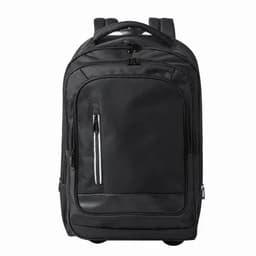 A black backpack featuring multiple compartments and a sleek design, equipped with wheels and a retractable handle.