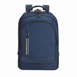 A navy blue backpack featuring multiple compartments and a top handle, complete with zippers and a front pocket.