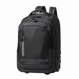 A black roller backpack with multiple compartments, zippers, and padded shoulder straps. It features a sleek design.