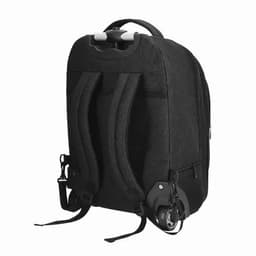 A black wheeled backpack with adjustable straps and wheels for easy transport. It features a handle and has a logo.