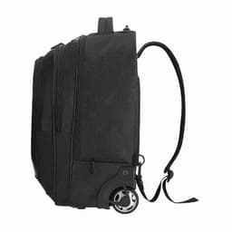 A black wheeled backpack featuring adjustable straps and a handle. It has wheels for easy mobility.