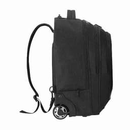 A black wheeled backpack with multiple zippered compartments and adjustable shoulder straps. It features a wheel base for easy transport.