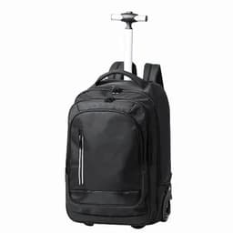A wheeled backpack in black, featuring a retractable handle and multiple compartments for storage.