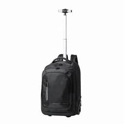 A black wheeled backpack with a retractable handle and wheels, featuring multiple compartments for storage.