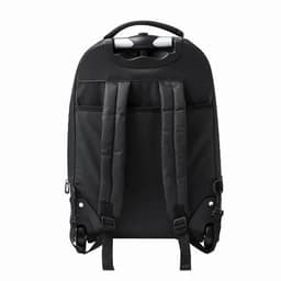 A black backpack with padded shoulder straps and wheels, featuring multiple compartments for storage.