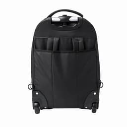 A black wheeled backpack with multiple front pockets and a retractable handle. It features wheels for easy transport.