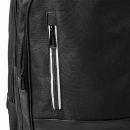 A black backpack featuring a zippered pocket with reflective detail. It has a sleek, textured fabric design.