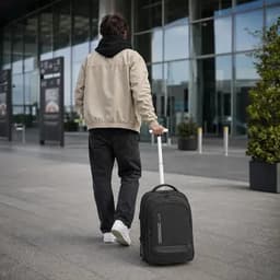 A wheeled black backpack with a handle, being pulled by a person in casual attire, outdoors near a modern building.