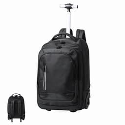 A black wheeled backpack with adjustable straps and a retractable handle, featuring a front zip pocket.