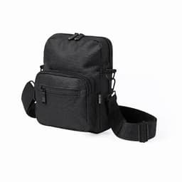 A black shoulder bag with multiple compartments and an adjustable strap. It features a sleek, minimalist design.
