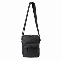 A black crossbody bag with a zippered main compartment and an additional front pocket. It features an adjustable strap and a logo.