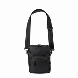 A black crossbody bag with a single adjustable strap and two zippered compartments. It features a logo.