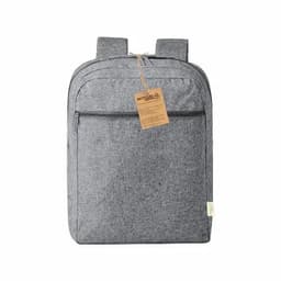 A grey backpack with two straps, featuring a front zip pocket and a tag attached.