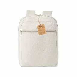 A cream-coloured backpack with two straps and a front zip pocket, featuring a tag attached.