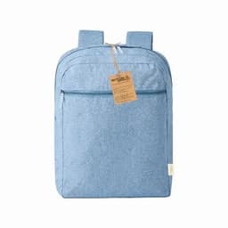 A blue backpack with two straps and an external zip pocket. It has a tag attached and a logo on the front.
