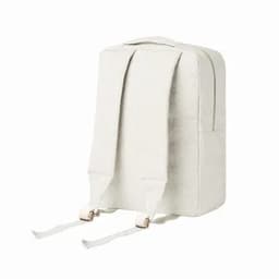A cream-coloured backpack with adjustable straps and a simple design, featuring a back pocket and sturdy handles.