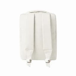 A backpack in white with adjustable straps and a simple design, featuring a logo on its surface.