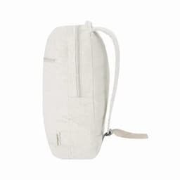 A white backpack with a zippered compartment and a side pocket, featuring an adjustable strap.