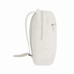 A light grey backpack with a smooth texture, featuring a zippered main compartment and a side pocket.