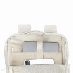 A light-coloured backpack interior displaying a tablet and a smartphone in separate compartments. The bag has a logo.