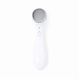 A white skincare device featuring a round metal applicator and a simple button. It has a sleek, ergonomic design.