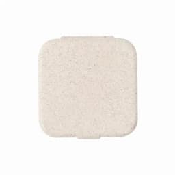 A square eco-friendly product in a light beige colour with a speckled texture, featuring a branded logo.