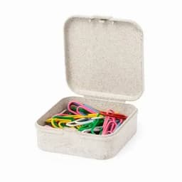 A square container with a lid filled with assorted colourful paper clips, set against a plain background.
