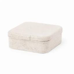 A square, light grey storage box with rounded edges and a hinged lid. It features a textured surface and a simple design.