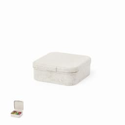 A storage box with a square shape in a light grey colour, featuring a lid and a smooth surface.