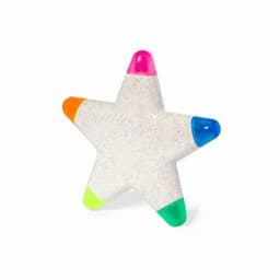 A star-shaped product in white with pink, blue, green, and orange tips. It features a logo or branding.