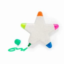 A star-shaped highlighter with pink, green, blue, and orange tips, featuring a white body.