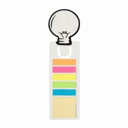 A sticky note dispenser in white featuring a lightbulb design at the top and assorted colourful sticky notes in various shades.
