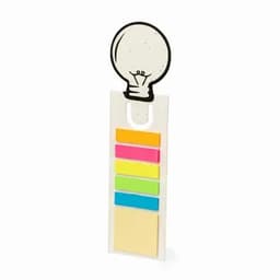 A sticky note holder in white with colourful sticky notes and a lightbulb graphic at the top.