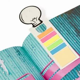 A bookmark with a light bulb design and coloured tabs in pink, orange, yellow, green, and blue on a textured blue background.