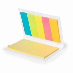 A notepad with multiple sections featuring blue, green, pink, and yellow sticky notes.