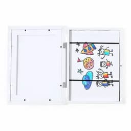 A drawing board featuring colourful children's drawings of a rocket, planet, and stick figures, in a white frame.