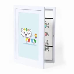 A picture frame with a white border displaying an illustration of a cartoon cat in vibrant colours.
