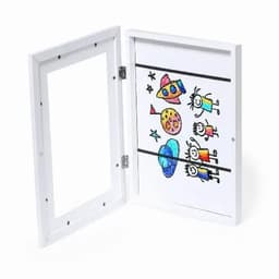 A white frame opened to reveal a colourful drawing featuring children, a rocket, and an alien. The frame has a simple design.