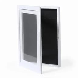 A white display cabinet with a glass front and a black interior, featuring a hinged door.