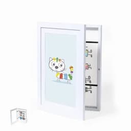 A photo frame displaying a whimsical illustration of a cat with various coloured gifts. The frame is white and hinged.