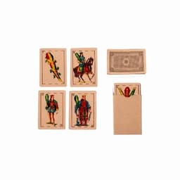 A set of playing cards featuring traditional designs, including a card box. The cards are beige with colourful illustrations.