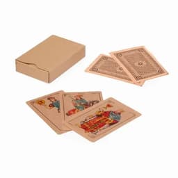 A set of playing cards in a beige box, featuring illustrated cards with distinct designs.