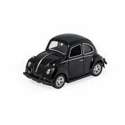A black toy car with silver accents and detailed features, resembling a classic Beetle model.