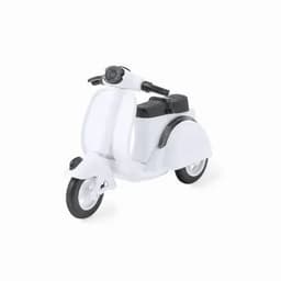 A white and black novelty scooter-shaped drink bottle with a logo on it.
