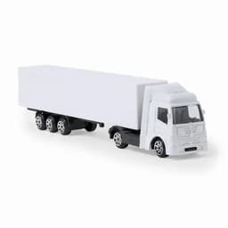 A toy truck in white, featuring a detailed cab and trailer with wheels. It has a simple design and no visible branding.