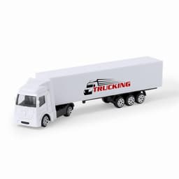 A toy truck in white and black, featuring a branded trailer, designed as a novelty item.