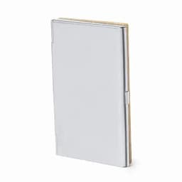 A silver business card holder with a sleek, metallic finish and a hinged design.